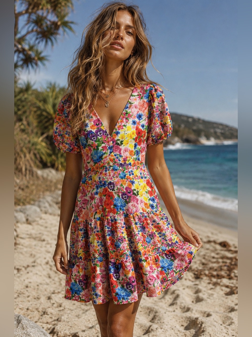 Floral V-Neck Short Sleeve Summer Dress - Multicolor